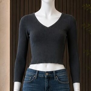 Brandy Melville Womens Crop Top Ribbed V-Neck Long Sleeve Gray One Size